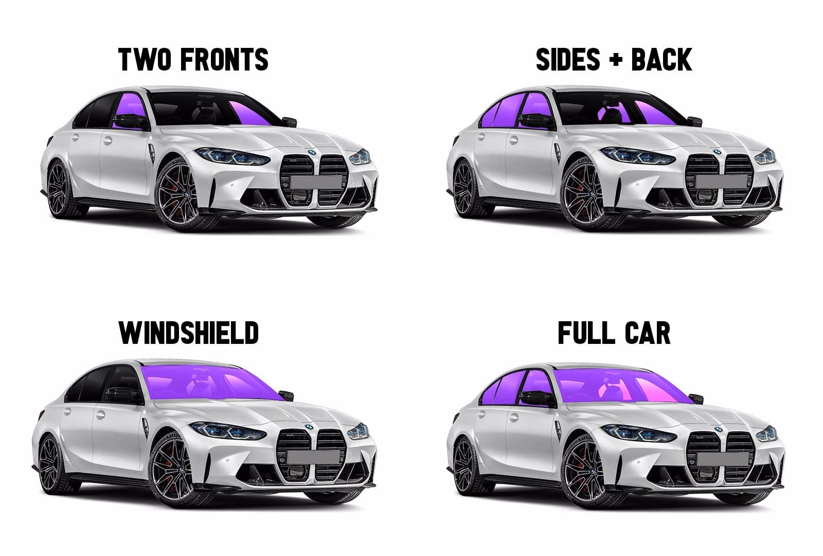 Tint package coverage diagram — front two, sides + back, windshield, full car.